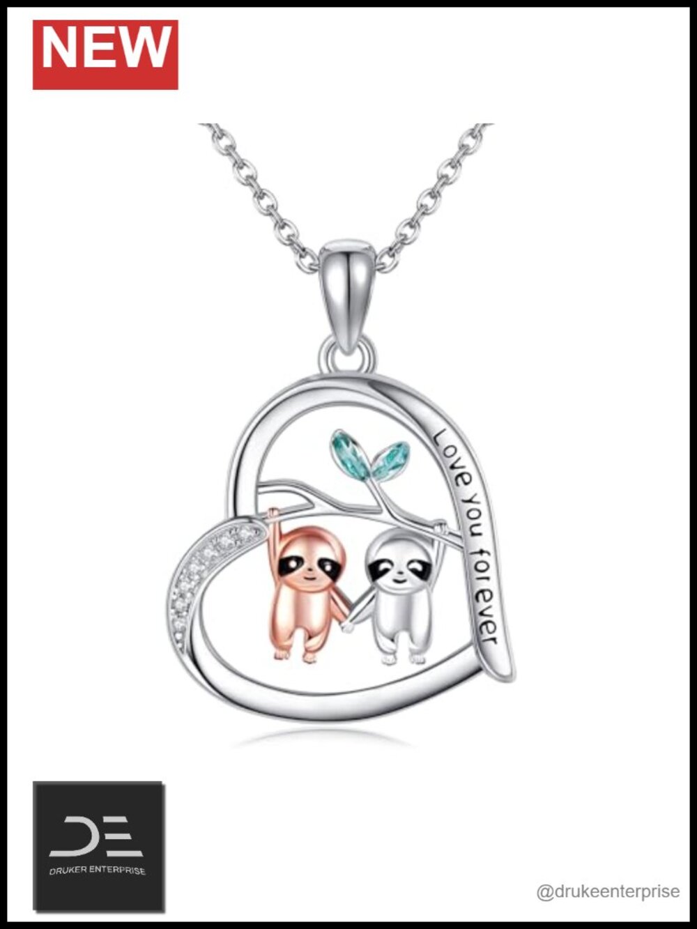 925 Sterling Silver Sloth Heart Pendant Necklace 18+2in Chain